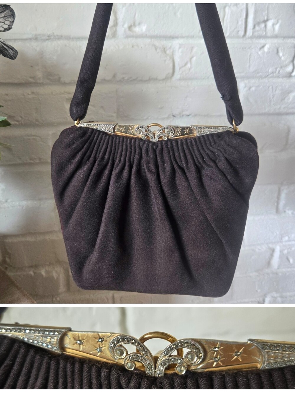 Vtg 50s Art Nouveau Style Chocolate Brown Wool Clutch Purse By Stefan, 7"